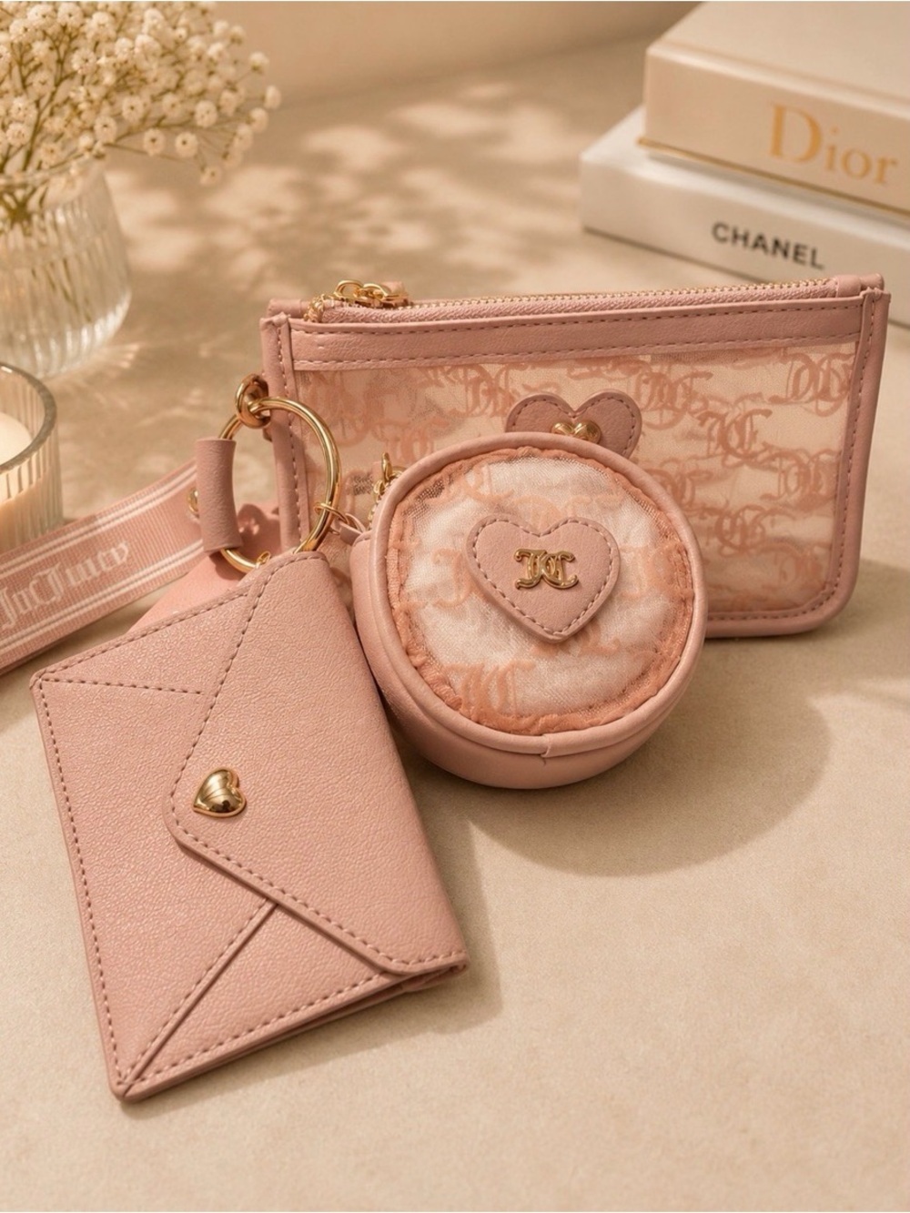 Juicy Couture 3 Pc Pouch Set Powder Blush Pink Wristlet Coin Purse mesh new